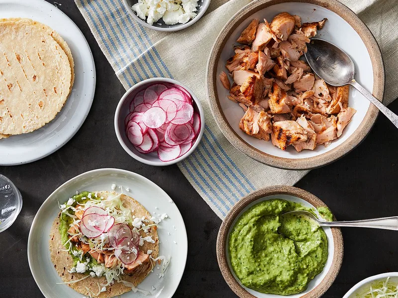 Grilled Salmon Tacos with Cilantro Avocado Sauce