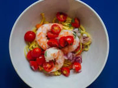 Fresh Carrot and Squash Noodle Shrimp Bowl with Cilantro Lime