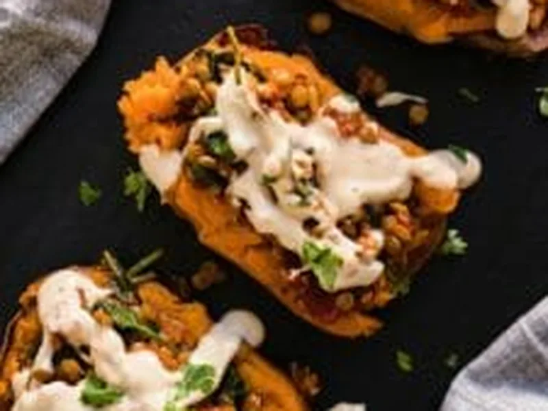 Moroccan Spiced Lentils with Baked Sweet Potatoes