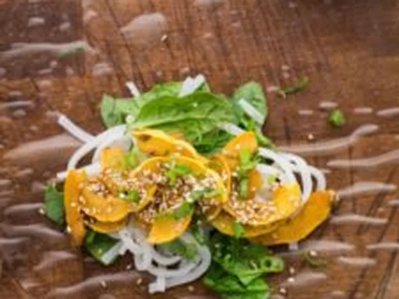 Roasted Delicata Squash Spring Rolls with Spinach and Rice Noodles