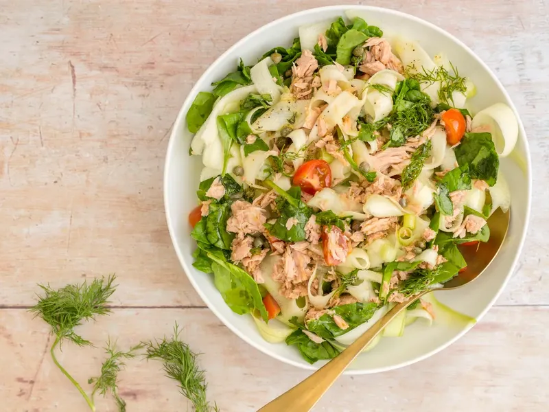 Keto Cold Tuna Noodle Salad with Zucchini Ribbons