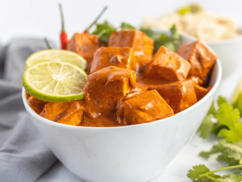 Air Fryer Curry Tofu with Greek Yogurt Tomato Sauce