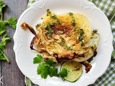 Roasted Cabbage Steaks with Lime Cilantro Sauce