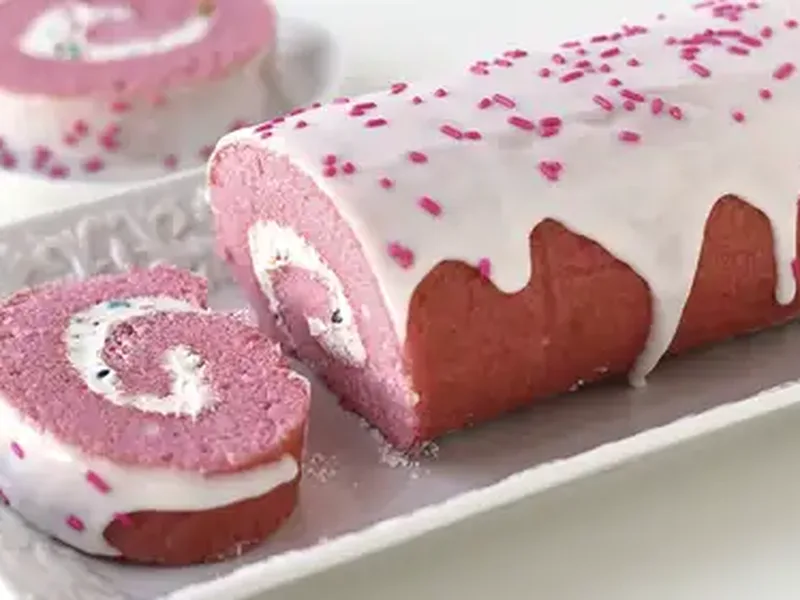 Pink Velvet Roll Cake with Rainbow Chip Frosting