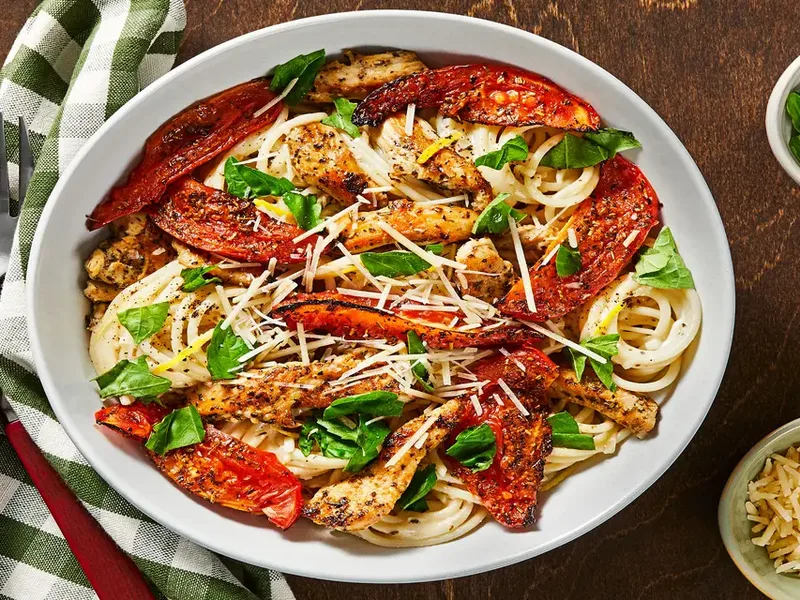 Creamy Parmesan Chicken Spaghetti with Roasted Tomatoes