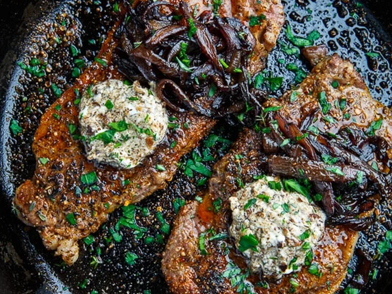 Pan Seared Steaks with Balsamic Caramelized Onions