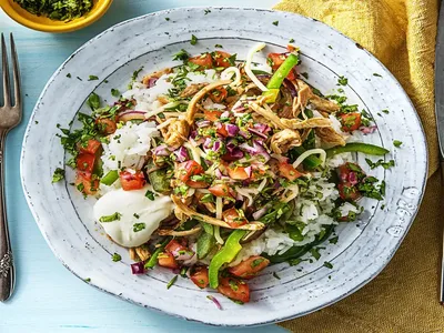 Pulled Chicken Rice Bowls with Tomato Cilantro Salsa