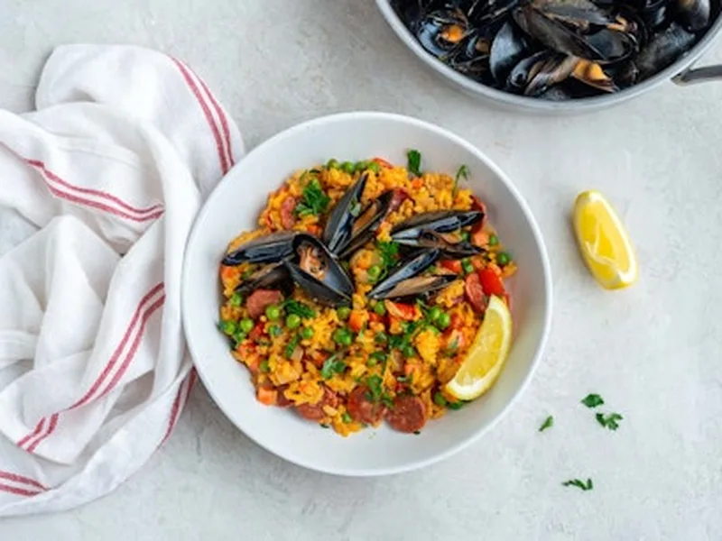 Paella-Style Risotto with Sausage, Peppers, and Mussels