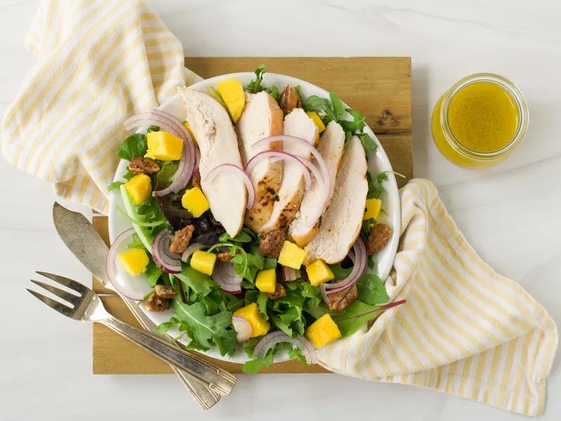 Peach-Mango Chicken Salad with Candied Pecans