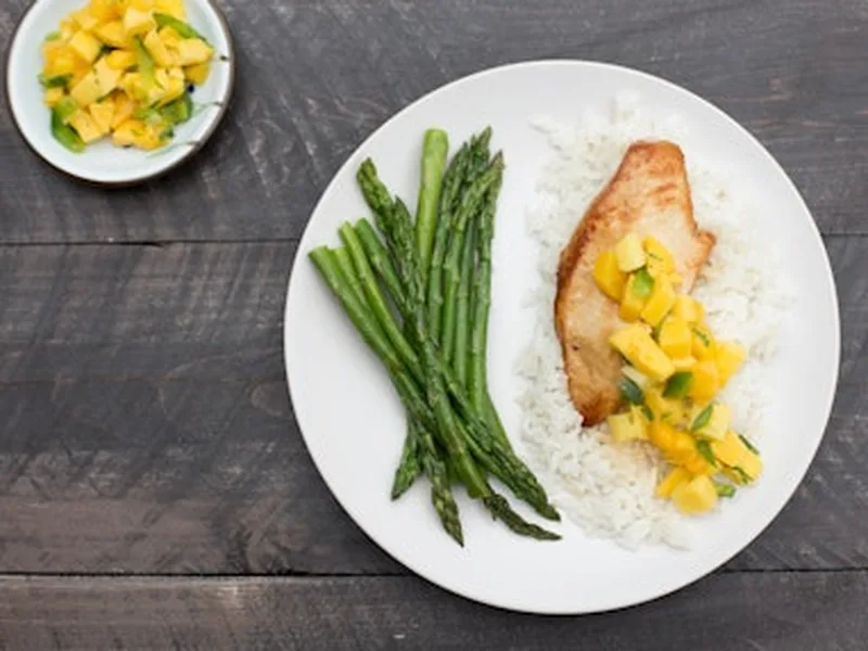 Grilled Chicken with Fresh Mango Salsa and Sesame Asparagus