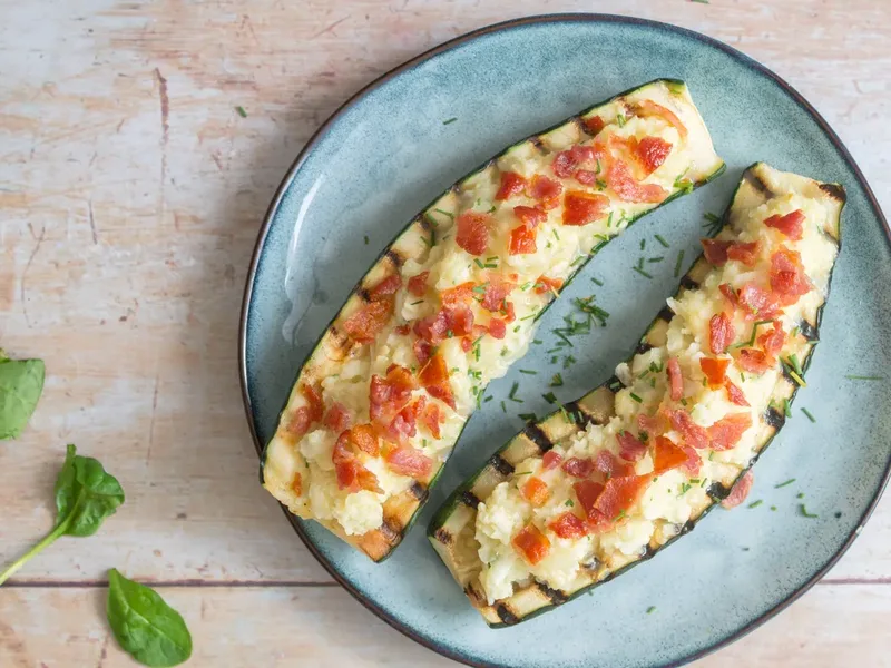 Keto Bacon Cheddar Stuffed Zucchini with Cauliflower Rice