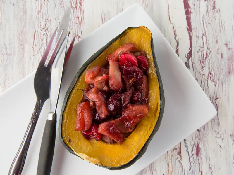 Cranberry Apple Stuffed Winter Squash with Cinnamon Pecans