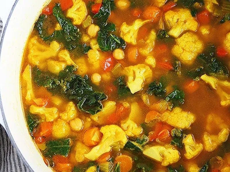 Turmeric Chickpea Vegetable Soup with Kale and Cauliflower