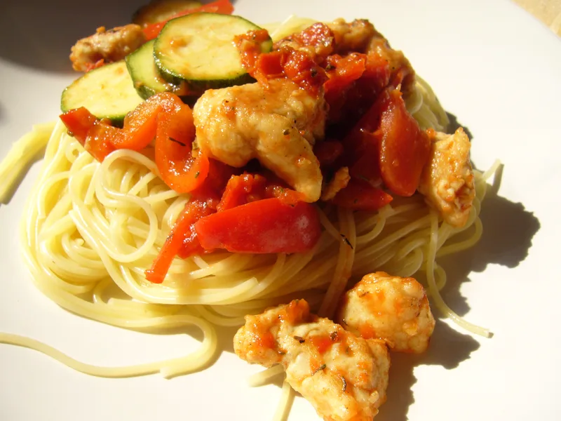 Chicken and Peppers With Zucchini Over Angel Hair