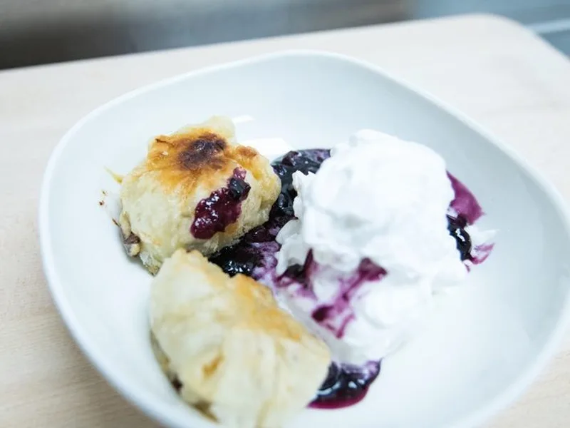 Deep-Fried Cookie Dough Puff Pastry with Blueberry Sauce