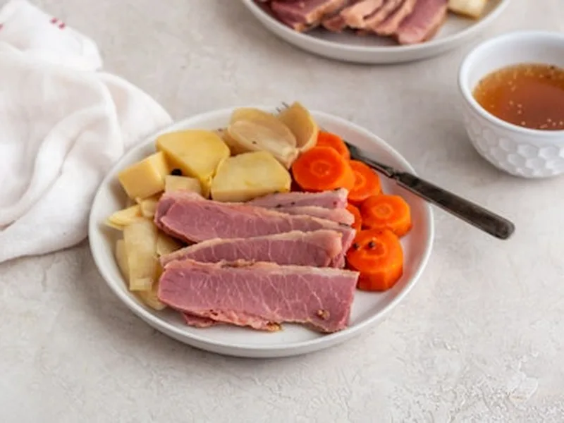Dutch Oven Corned Beef with Vegetables and Mustard Sauce