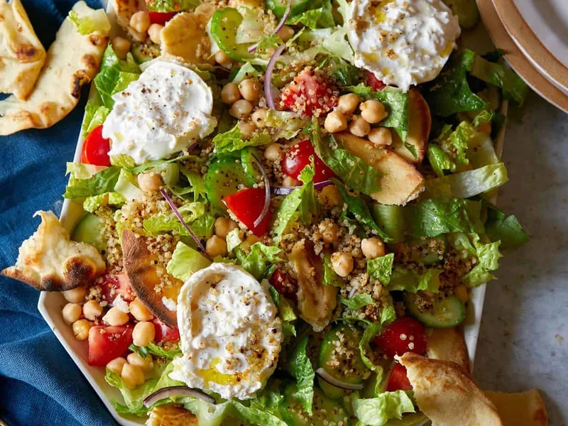 Fattoush Style Salad with Crispy Quinoa and Burrata