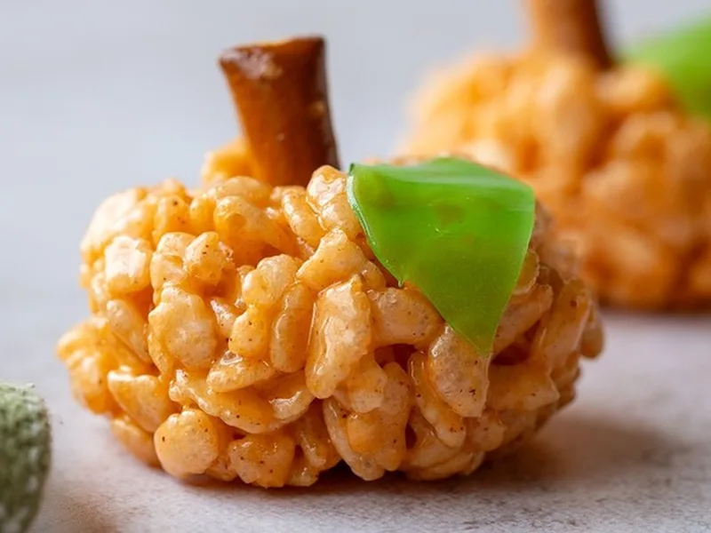 Spiced Rice Krispie Pumpkin Treats with Cinnamon and Nutmeg