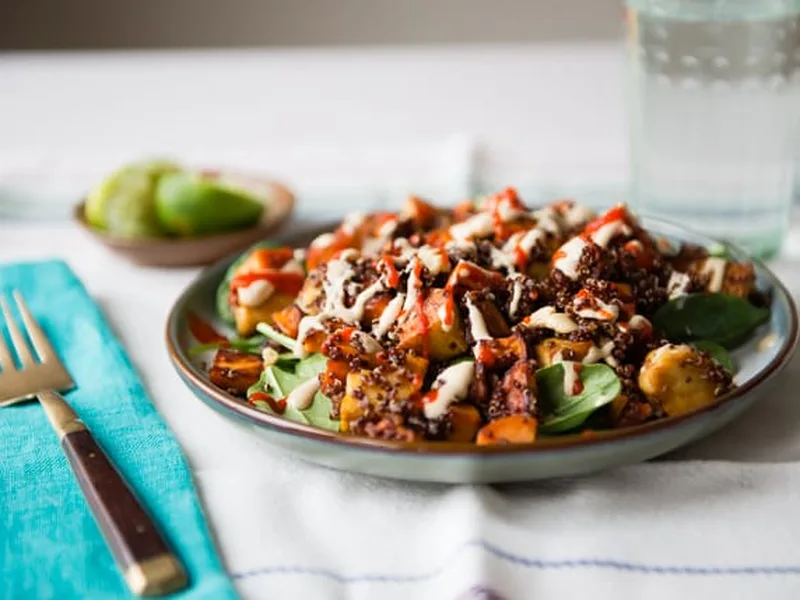 Quinoa Bowl with Crispy Tempeh, Sweet Potatoes and Tahini-Miso