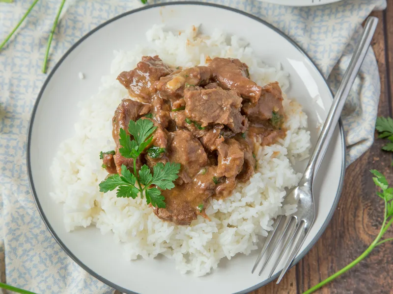 Pressure Cooker Beef Tips on Rice